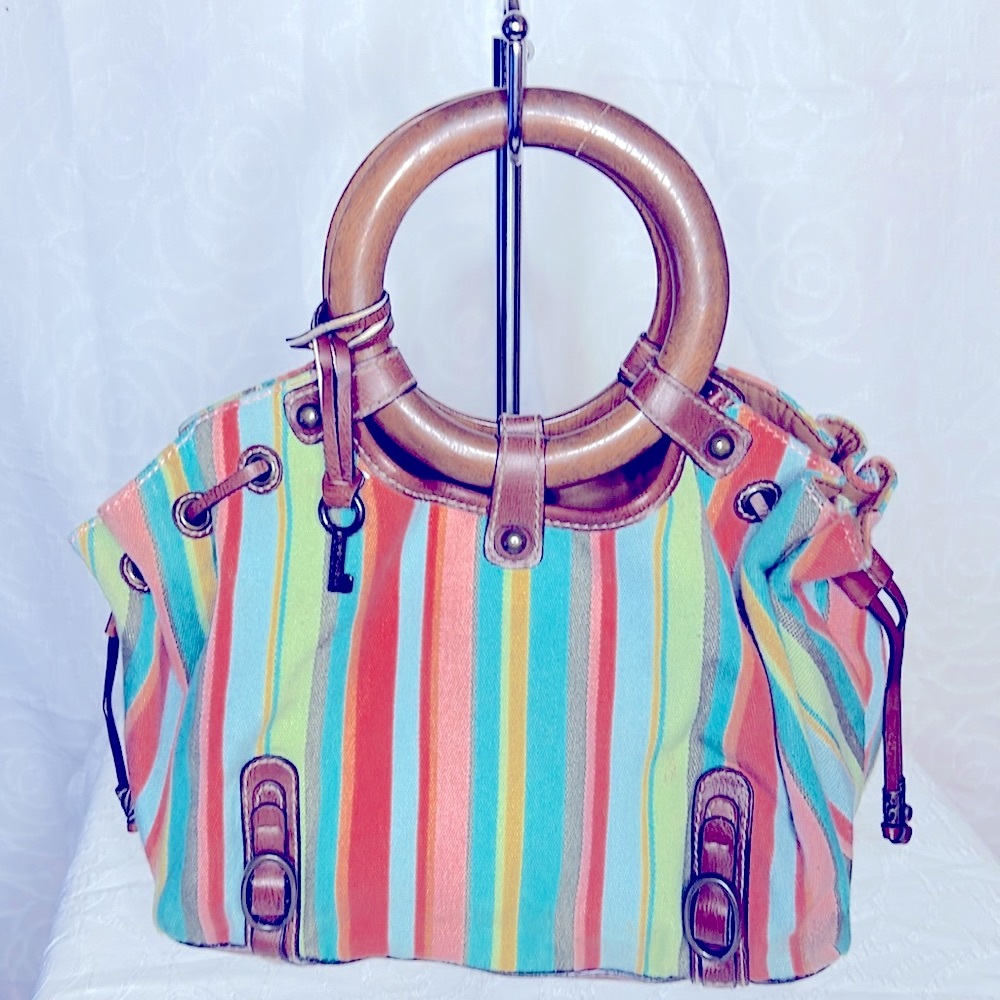 FOSSIL multi colored striped leather satchel handbag. Wooden handles.